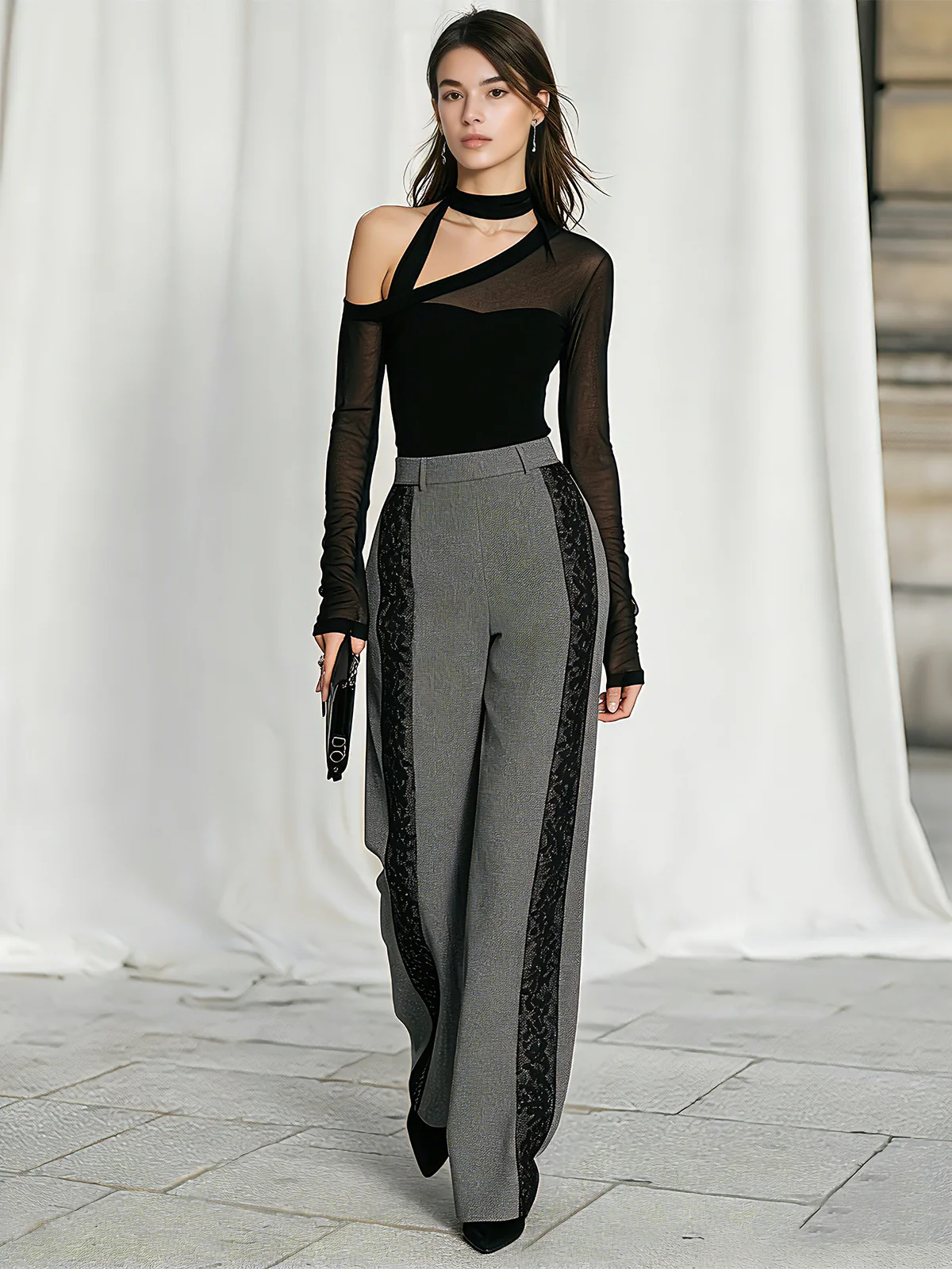 Asymmetric Mesh Top Lace Panel Wide Leg Pant Set - Image 2