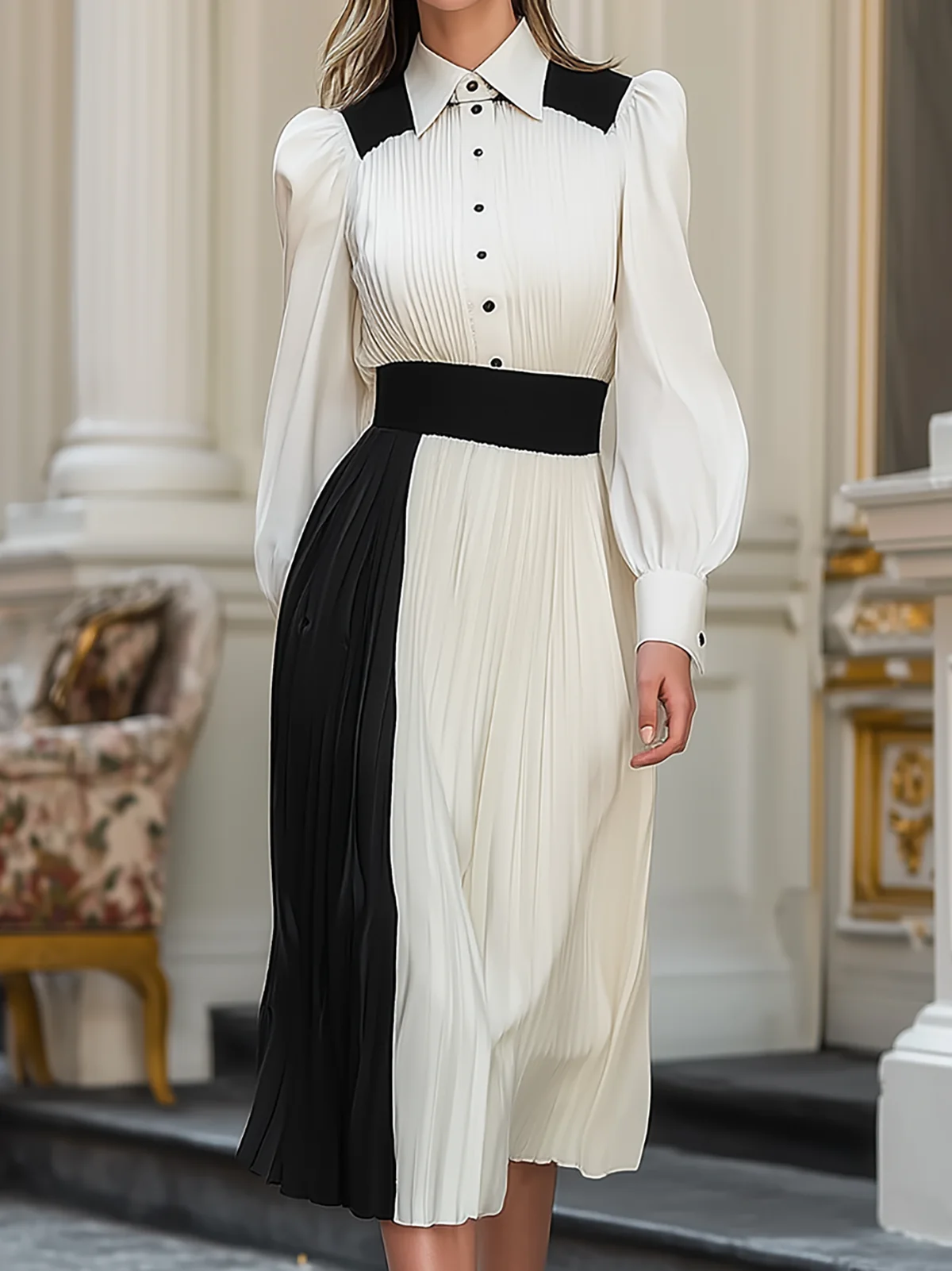 Asymmetric Two Tone Pleated Shirt Dress - Image 3