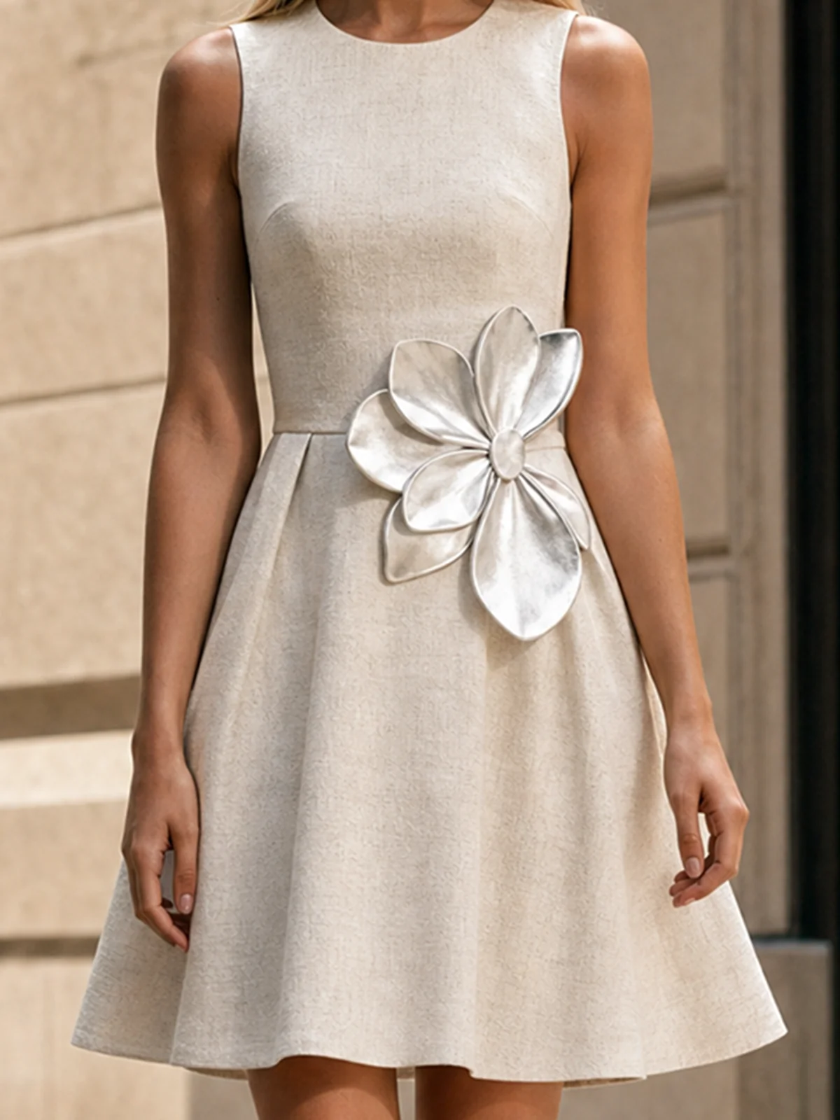 Beige Linen 3D Silver Floral Sleeveless A-line Mini Dress