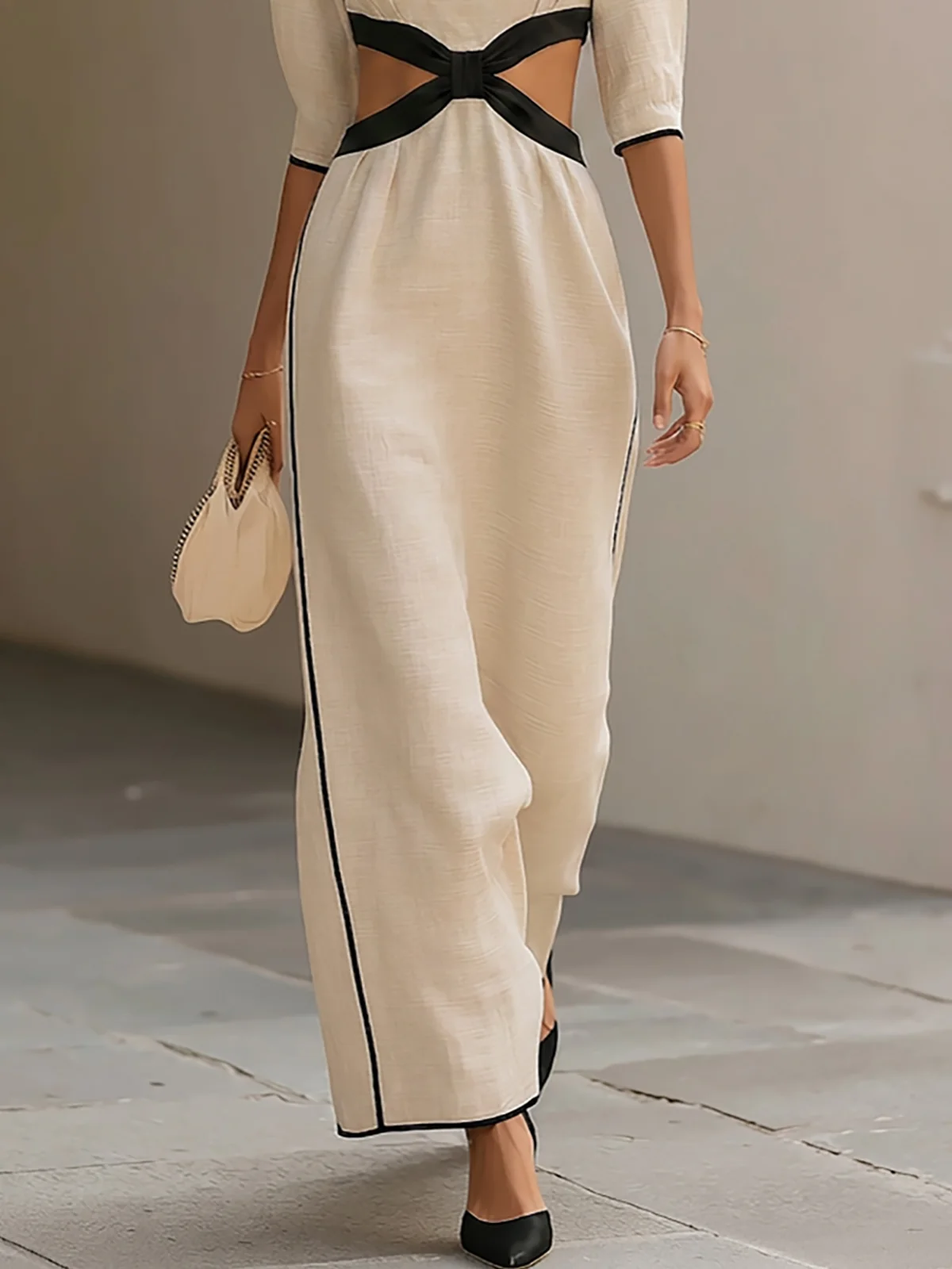 Beige Linen Cutout Waist Maxi Dress - Image 4