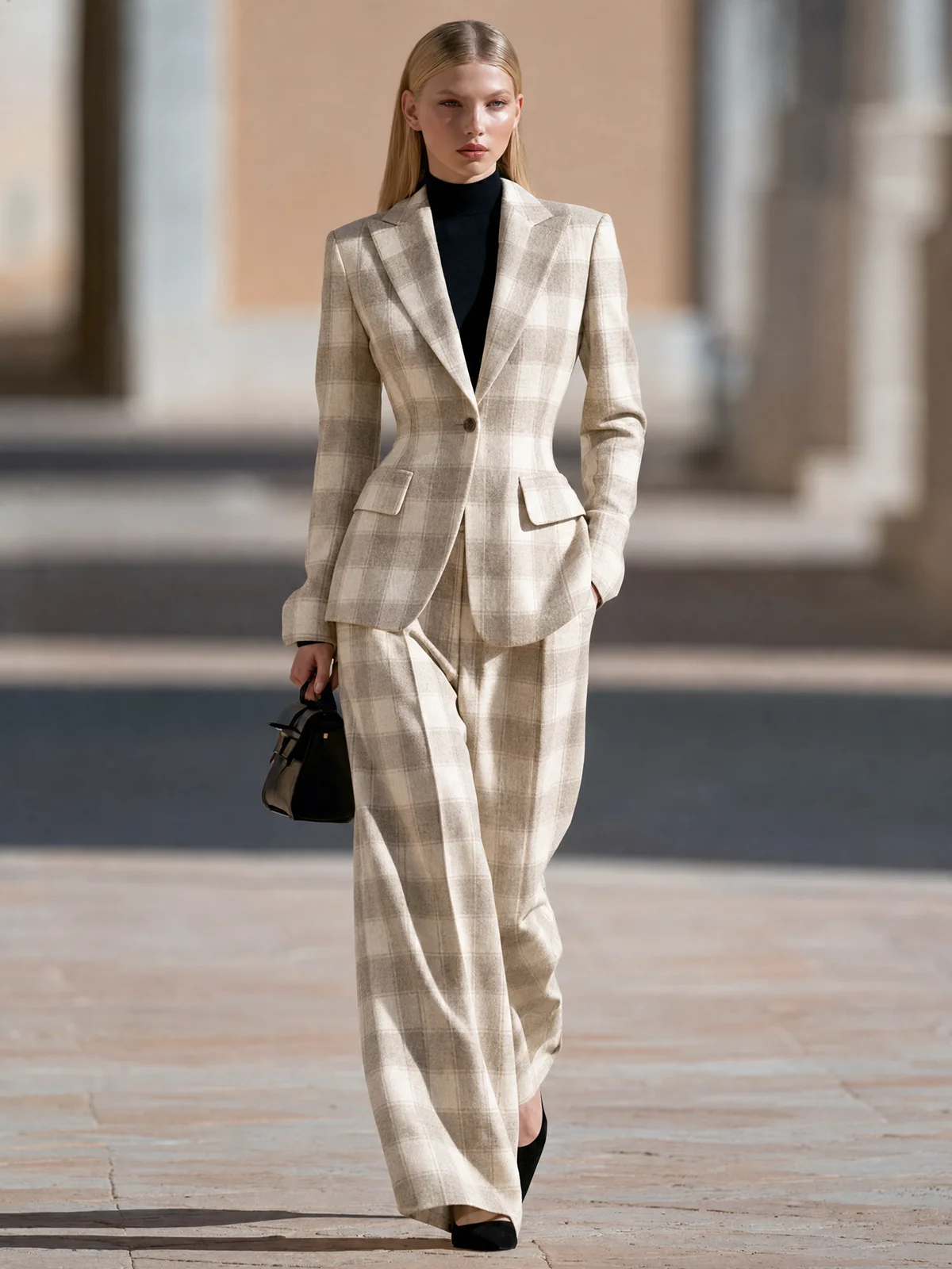 Beige Plaid Fitted Blazer Wide Leg Trouser Suit Set - Image 2