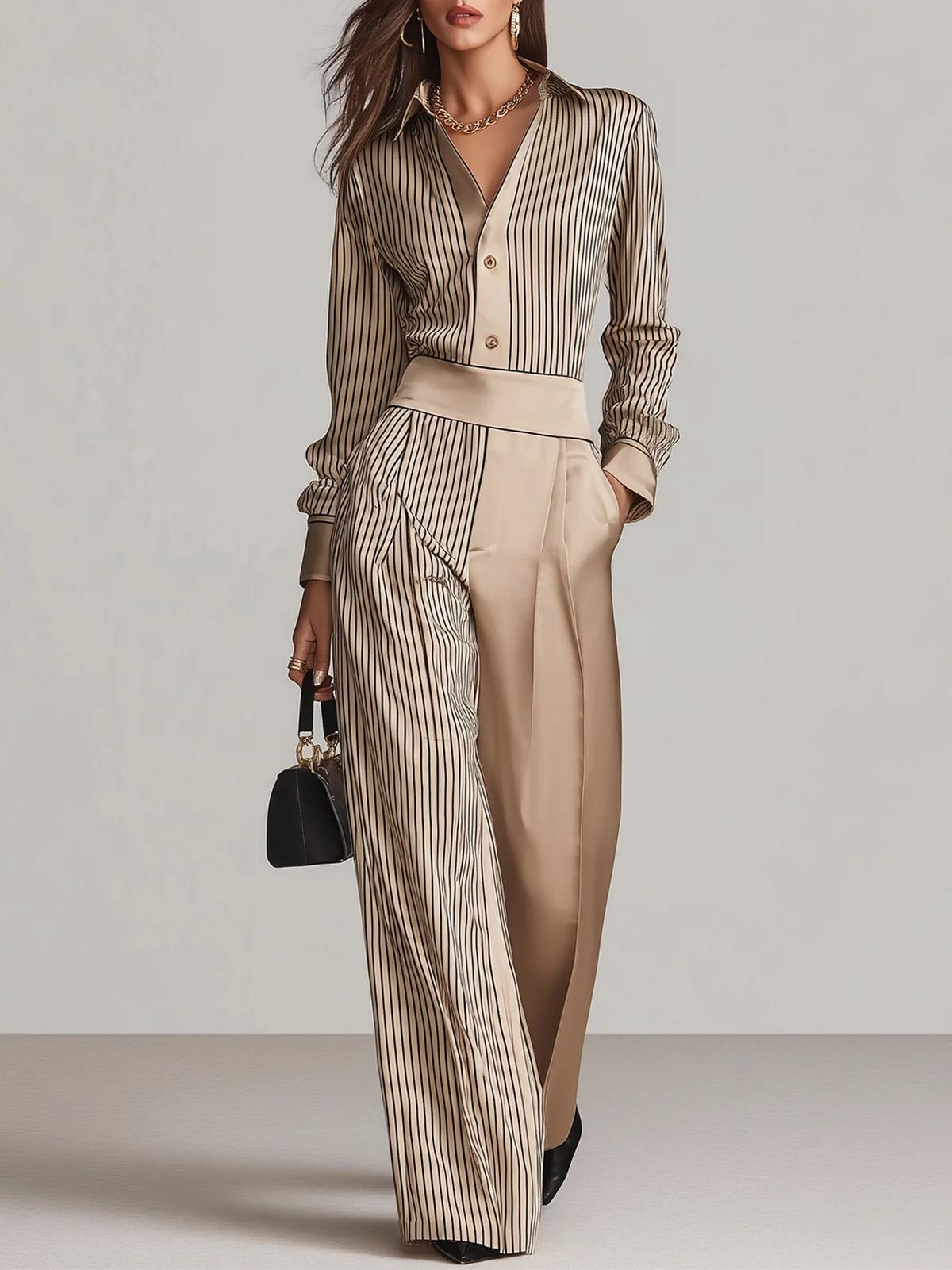 Beige Satin Stripe Color Block Two Piece Suit