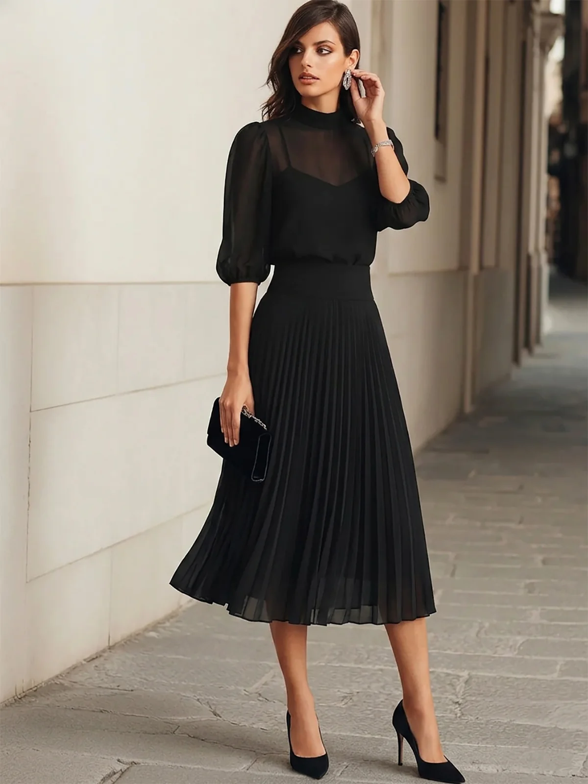 Black Chiffon Top And Pleated Midi Skirt Three Piece Set - Image 2