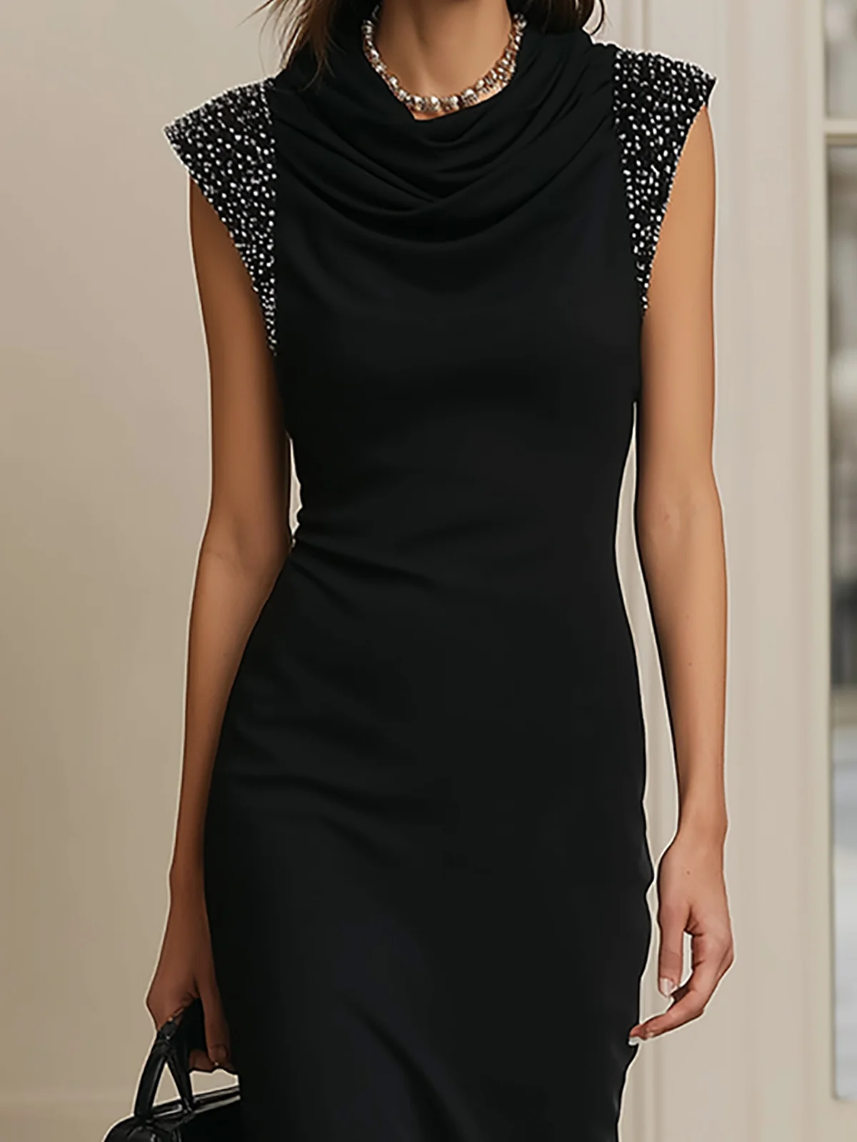 Black Cowl Neck Rhinestone Shoulder Midi Dress - Image 3