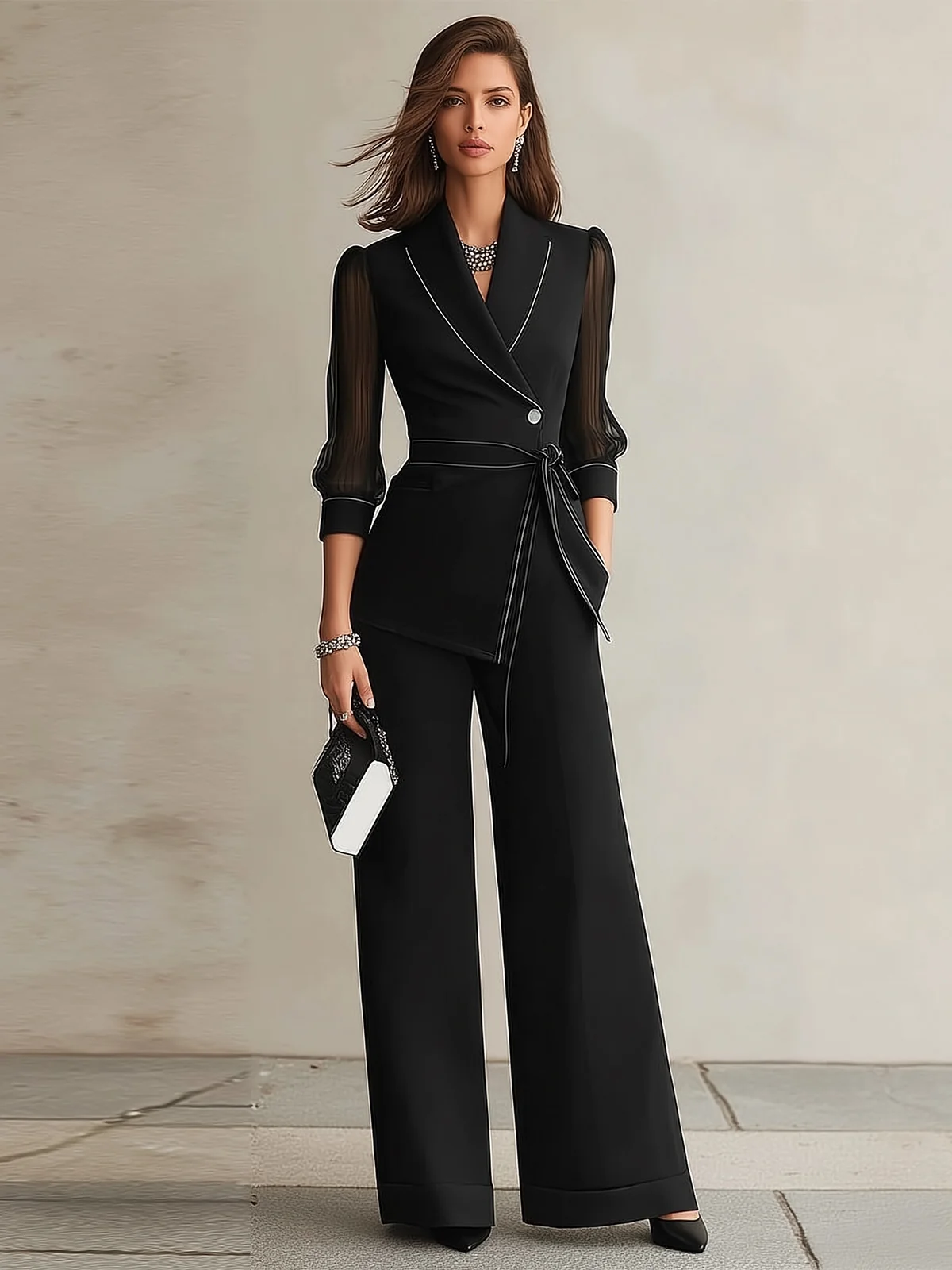 Black Sheer Mesh Sleeve Blazer Wide Leg Pant Set - Image 2