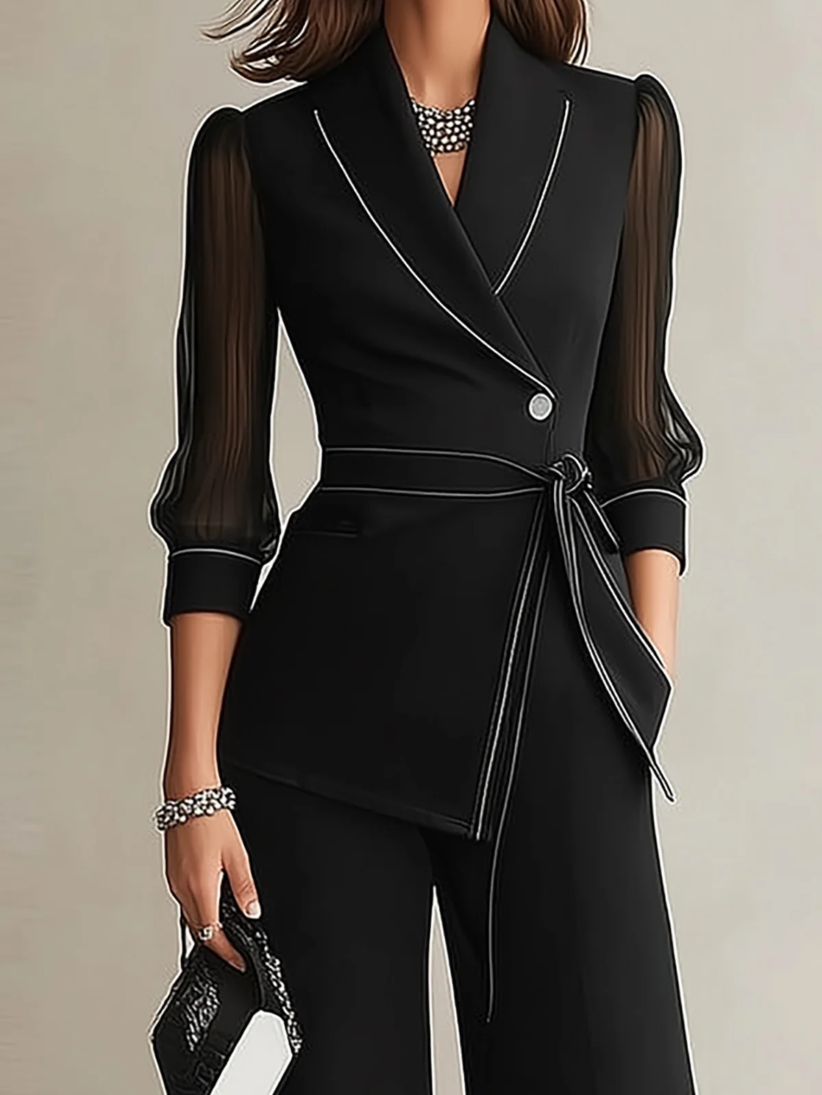 Black Sheer Mesh Sleeve Blazer Wide Leg Pant Set - Image 3
