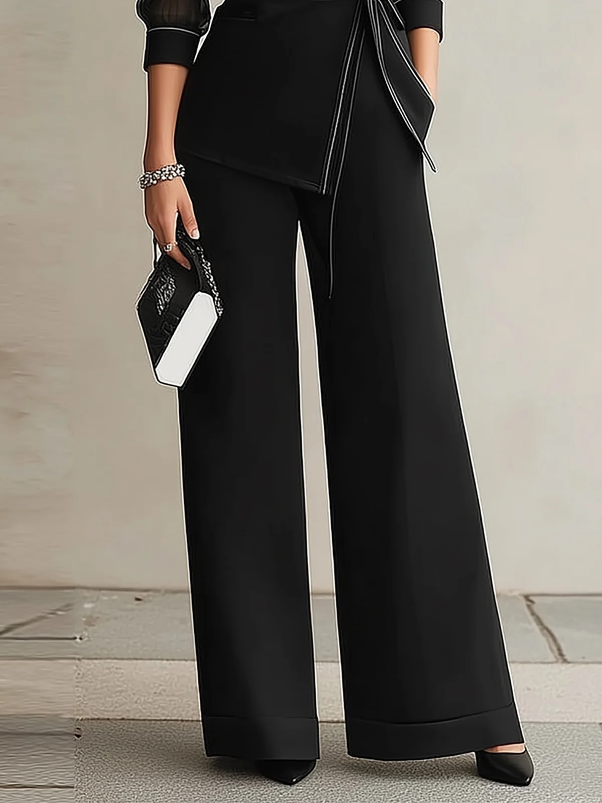 Black Sheer Mesh Sleeve Blazer Wide Leg Pant Set - Image 4
