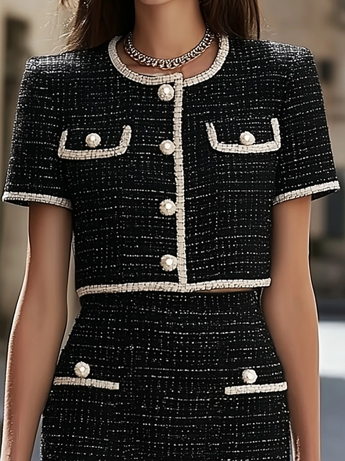 Black Tweed White Trim Two Piece Skirt Set - Image 3