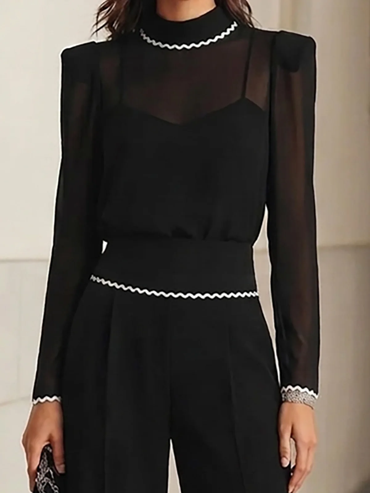 Black Wavy Trim Mesh Top Cami Wide Leg Pant Three Piece Set - Image 3