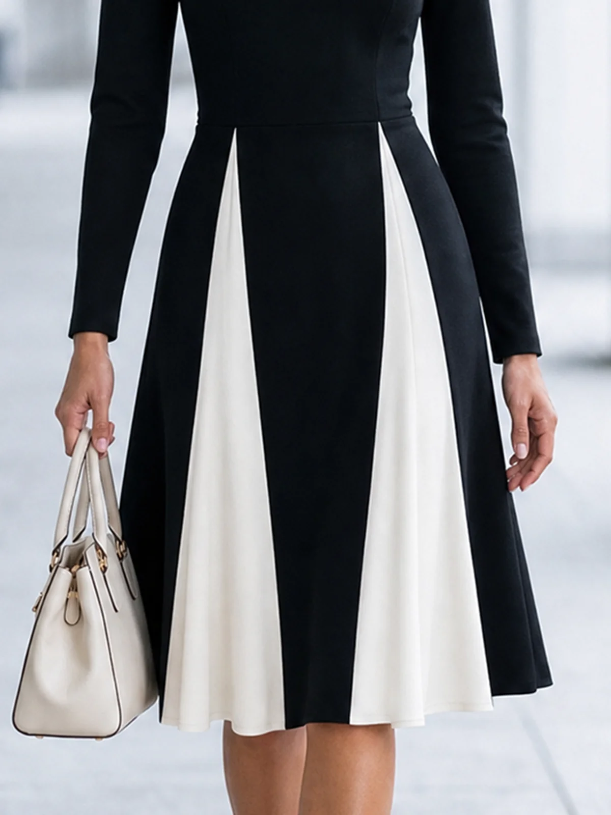 Black White Color Block Long Sleeve A-Line Midi Dress - Image 4