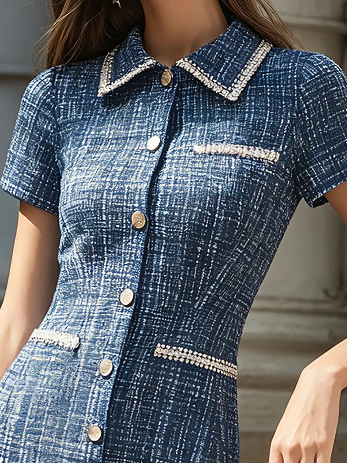 Blue Tweed Pearl Trim Collar Mini Dress - Image 3