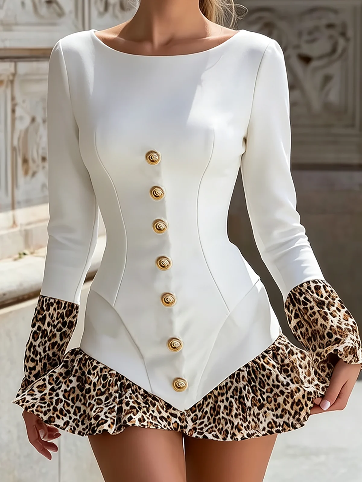 Boat Neck Leopard Flare Hem Mini Dress - Image 3