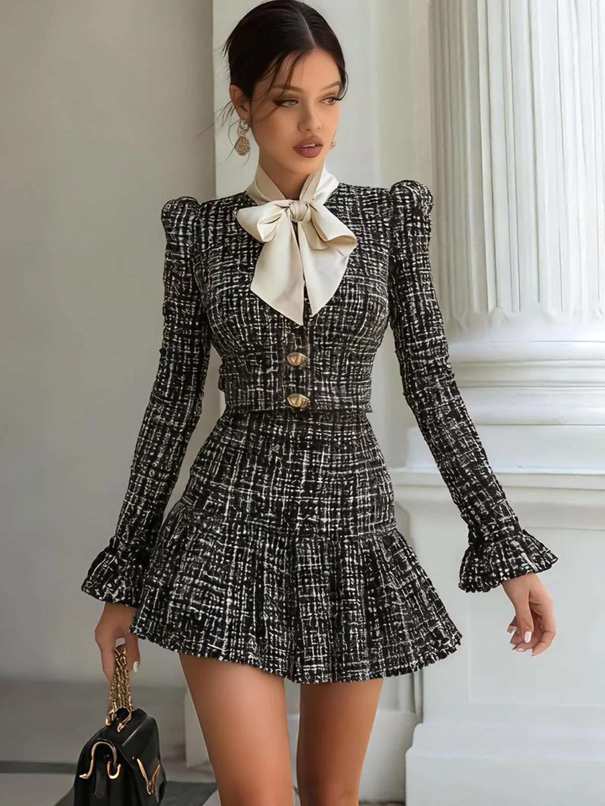 Chicnery Satin Bow Tie Black Tweed Bell-sleeves Top And Pleated Skirt Suits - Image 3