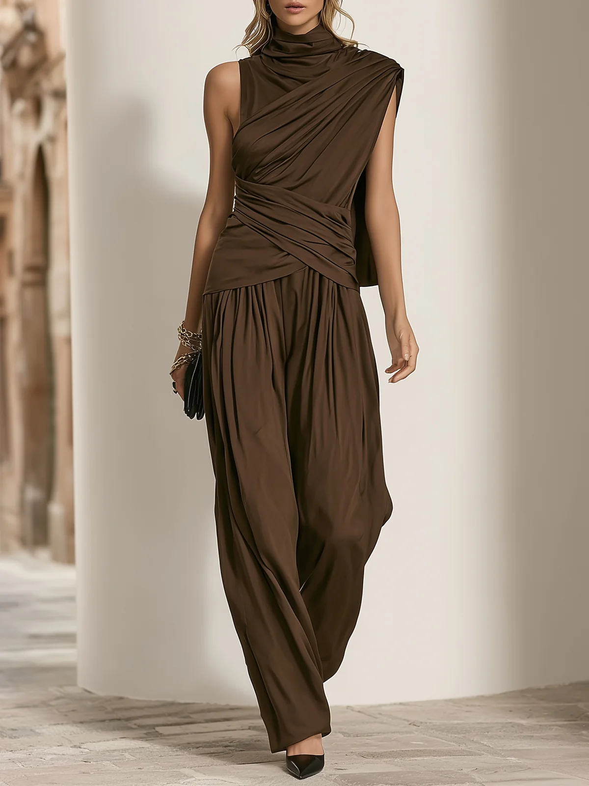 Brown Draped Sleeveless Top Wide Leg Pant Set