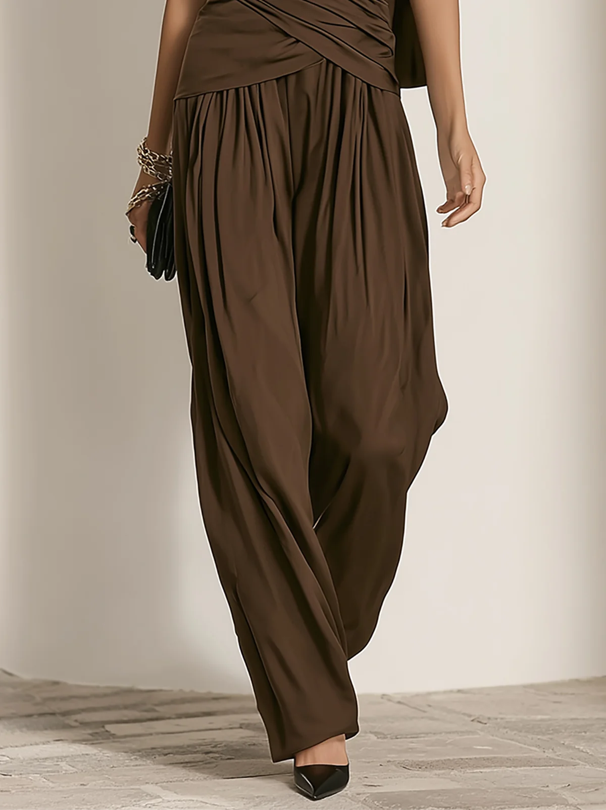 Brown Draped Sleeveless Top Wide Leg Pant Set - Image 4