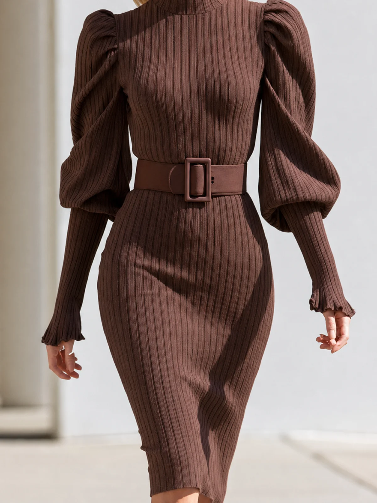 Brown Ribbed Turtleneck Puff Sleeve Belted Midi Knit Dress - Image 3