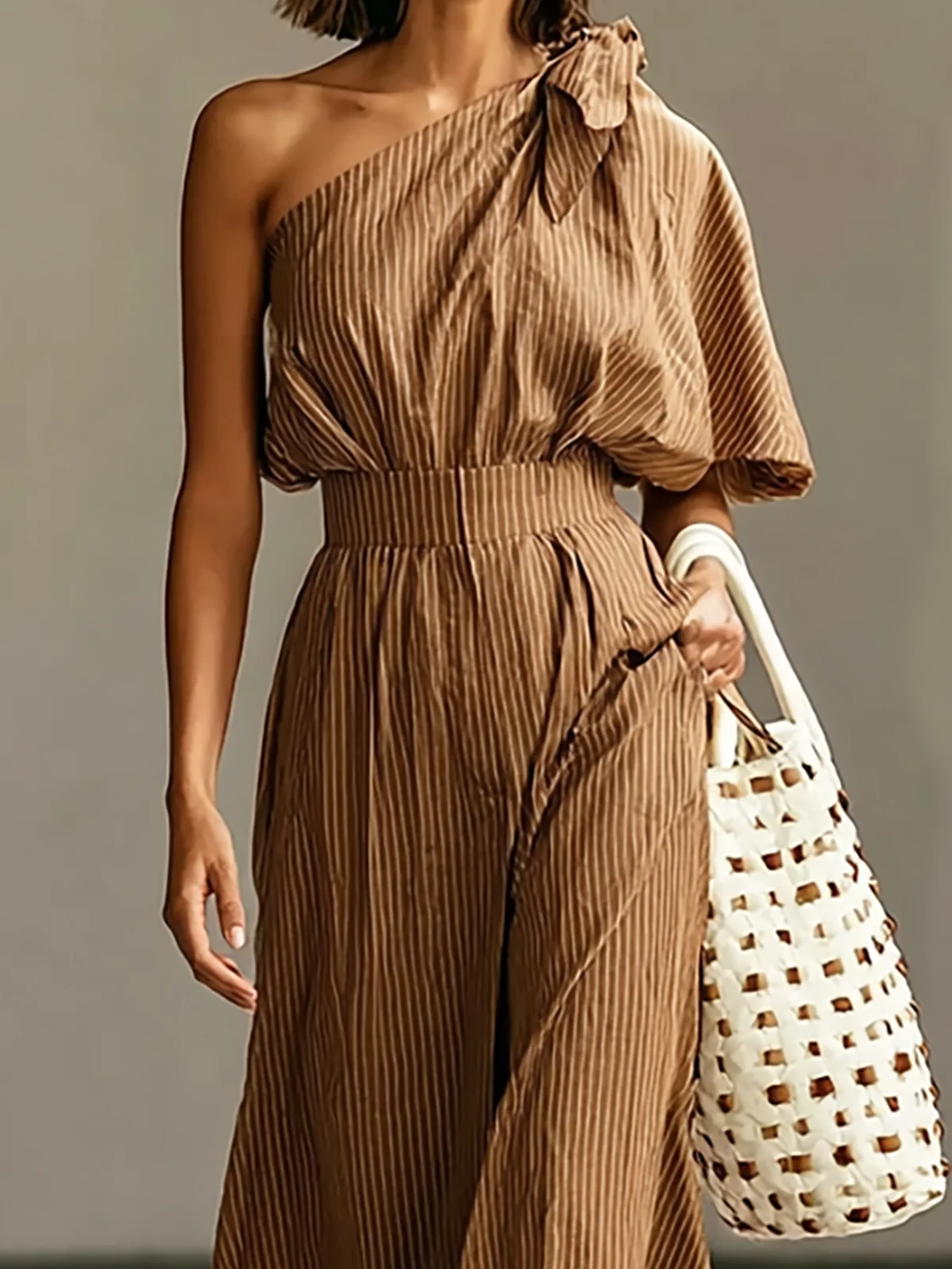 Brown Striped One Shoulder Bow Wide Leg Jumpsuit - Image 3