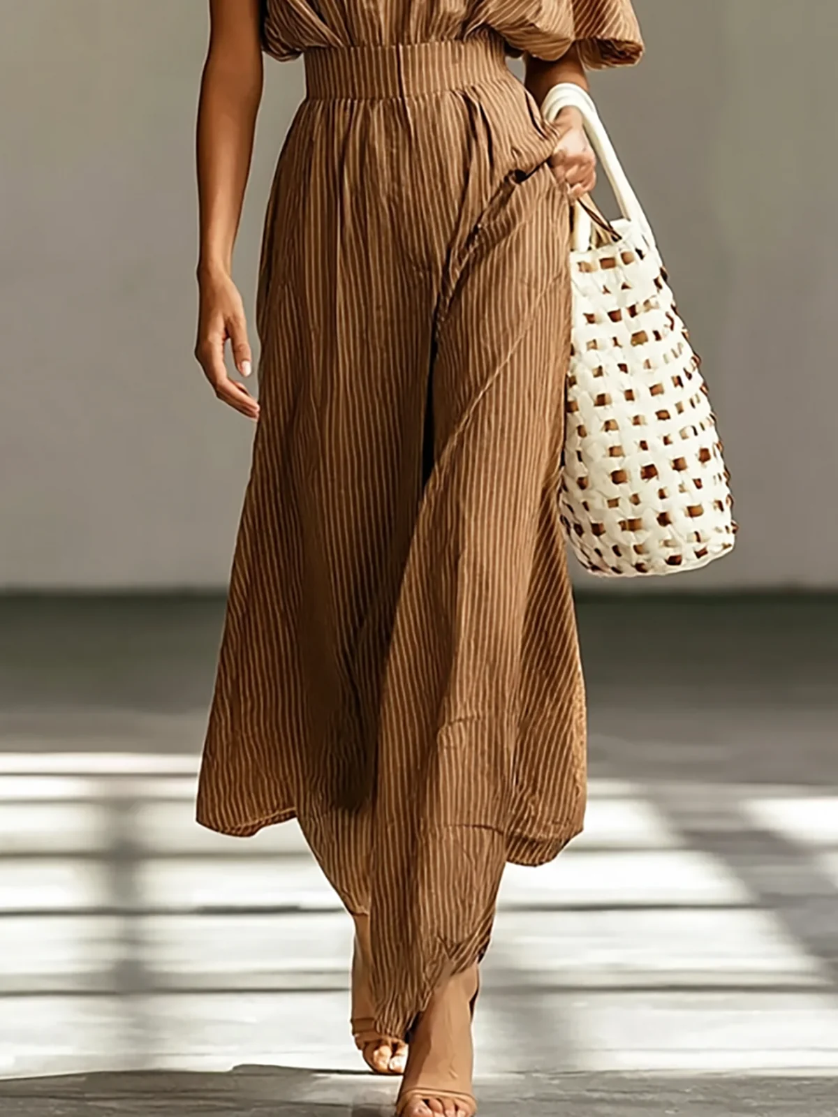 Brown Striped One Shoulder Bow Wide Leg Jumpsuit - Image 4