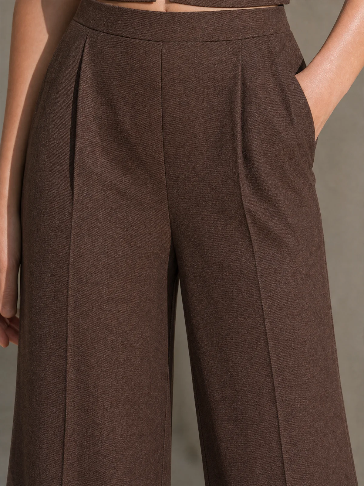 Brown Tailored Suit Co Ord Set Twist Front Crop Blazer Vest & High Rise Wide Leg Trousers - Image 4