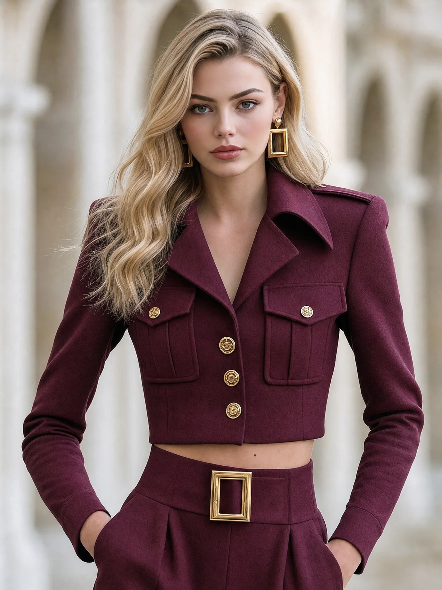 Burgundy Gold Hardware Cropped Suit Set - Image 3