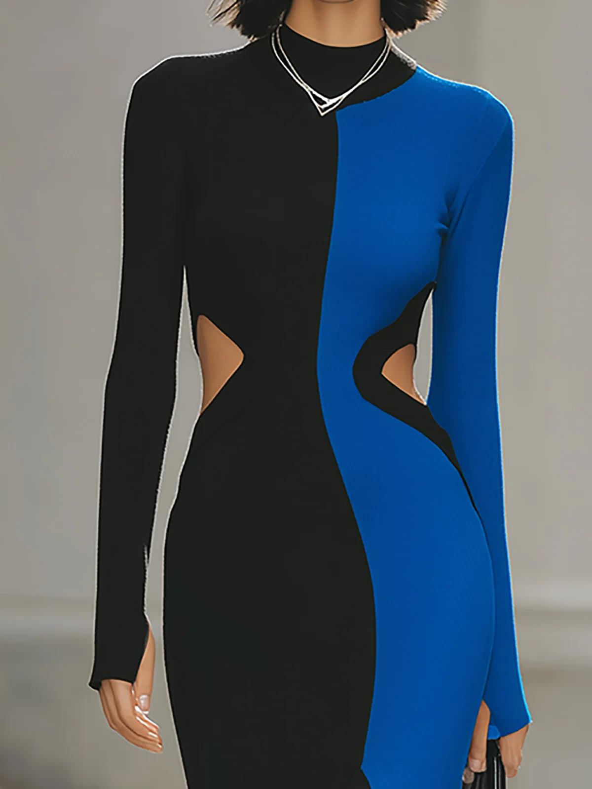 Chic Black Blue Color Block Cutout Knit Midi Dress - Image 3