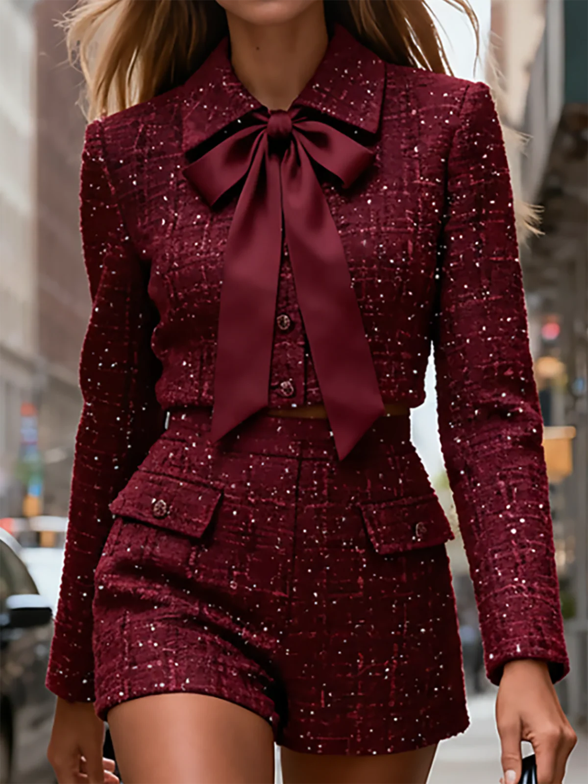 Chic Tweed Cropped Jacket And Shorts Set With Bow Tie - Image 4
