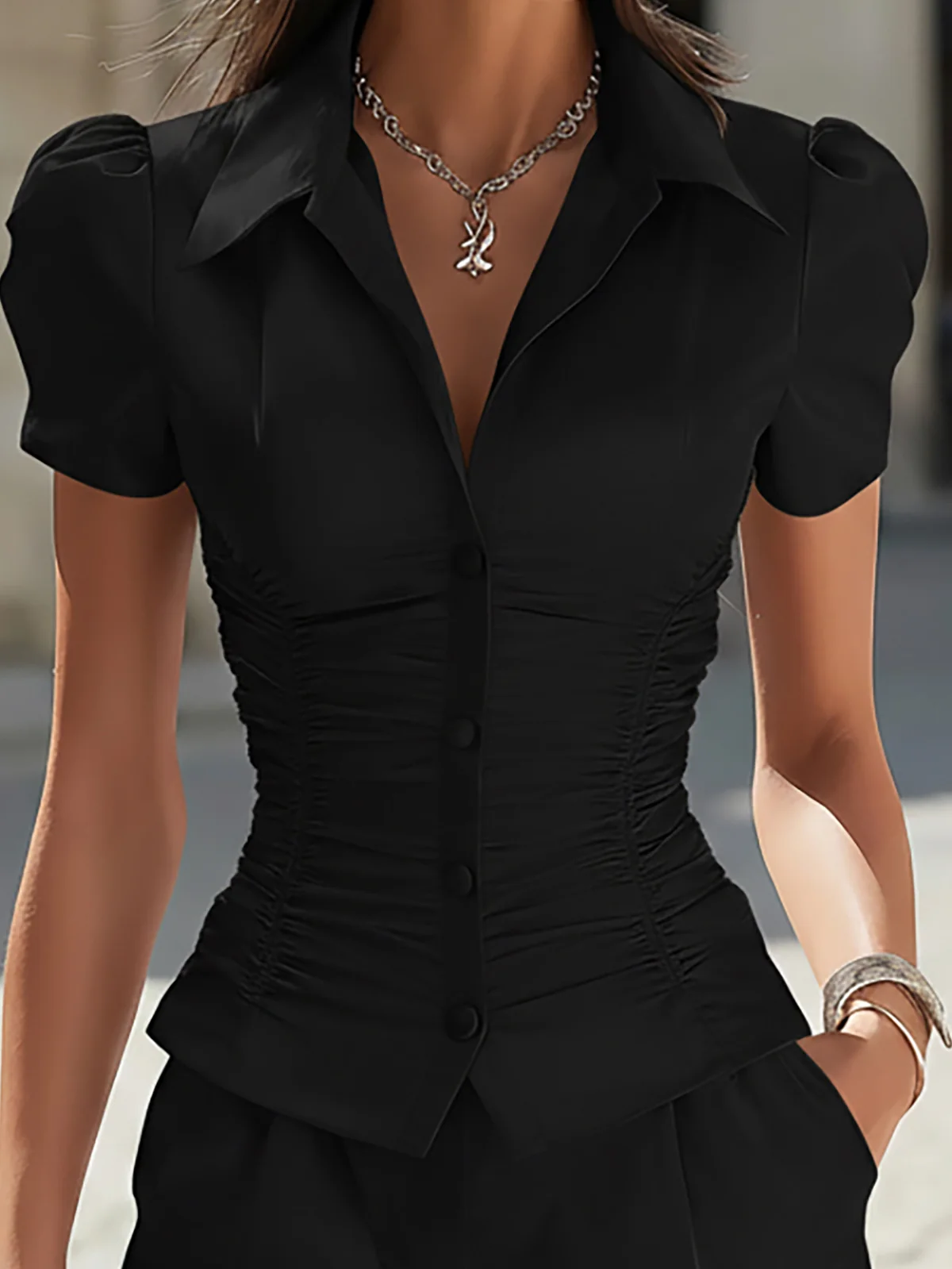 Classic Black Ruched Blouse And Shorts Set - Image 4
