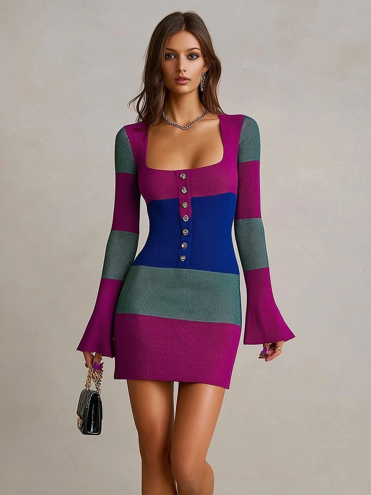 Color Block Flare Sleeve Ribbed Knit Mini Dress - Image 2