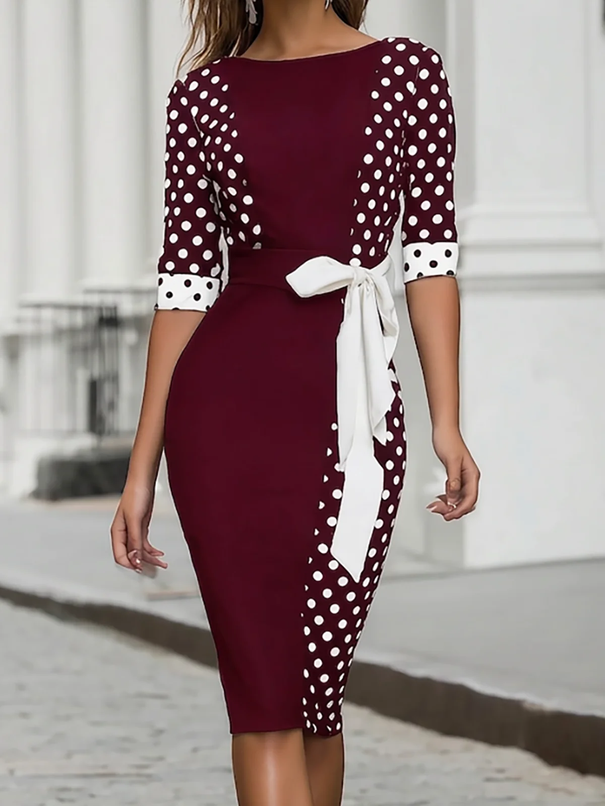 Color Block Polka Dot Bodycon Midi Dress - Image 3