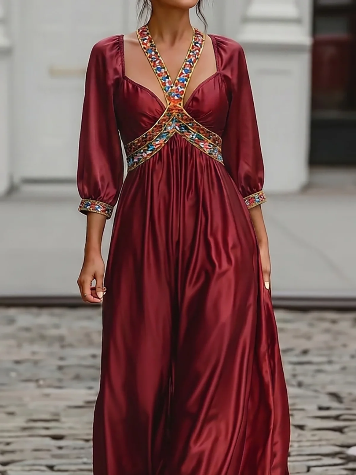 Colorful Printed Trim Deep V Neck Satin Maxi Dress - Image 3