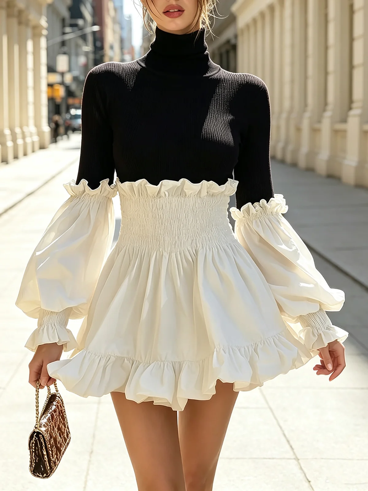 Contrast Sleeve Smocked Waist Mini Dress