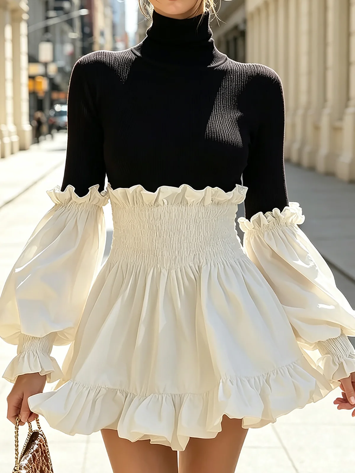 Contrast Sleeve Smocked Waist Mini Dress - Image 3