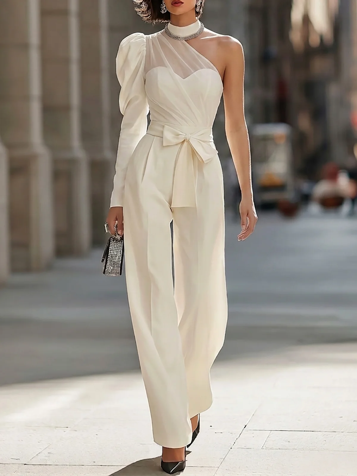 Cream One Shoulder Chiffon Wide Leg Jumpsuit
