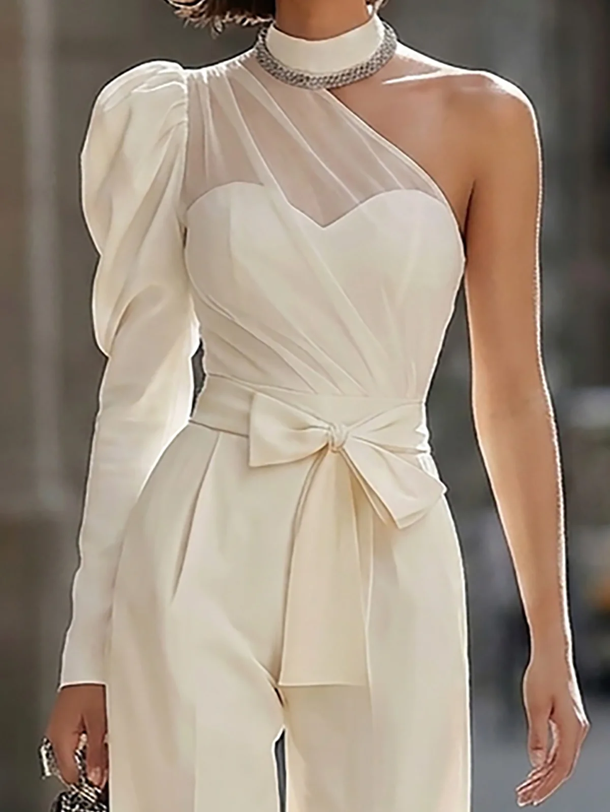 Cream One Shoulder Chiffon Wide Leg Jumpsuit - Image 3