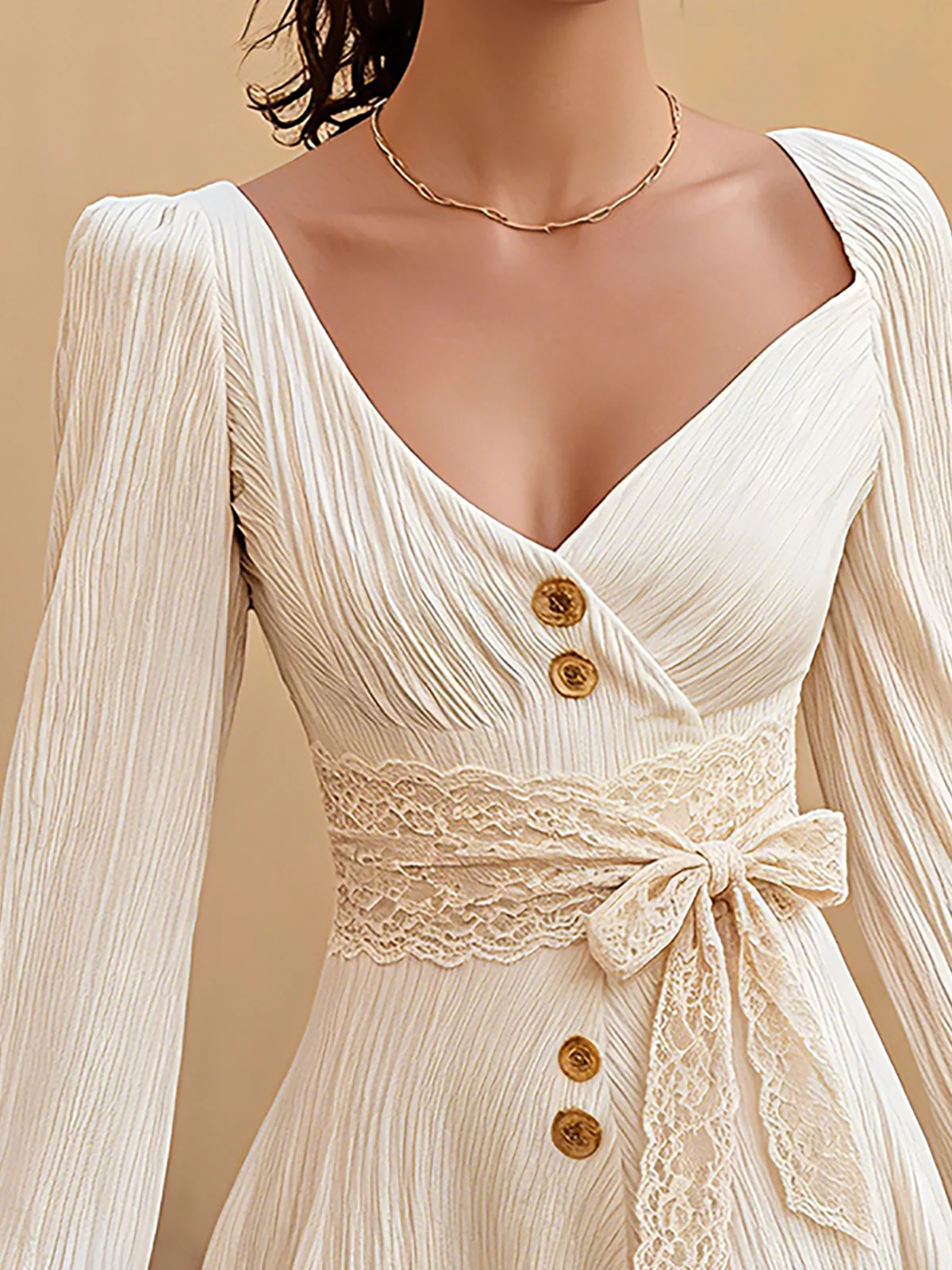 Cream Textured Lace Tie Waist Mini Dress - Image 3
