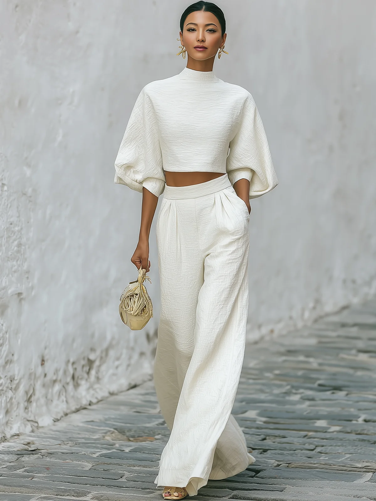 Creamy White Textured Lantern Sleeve Set - Image 3