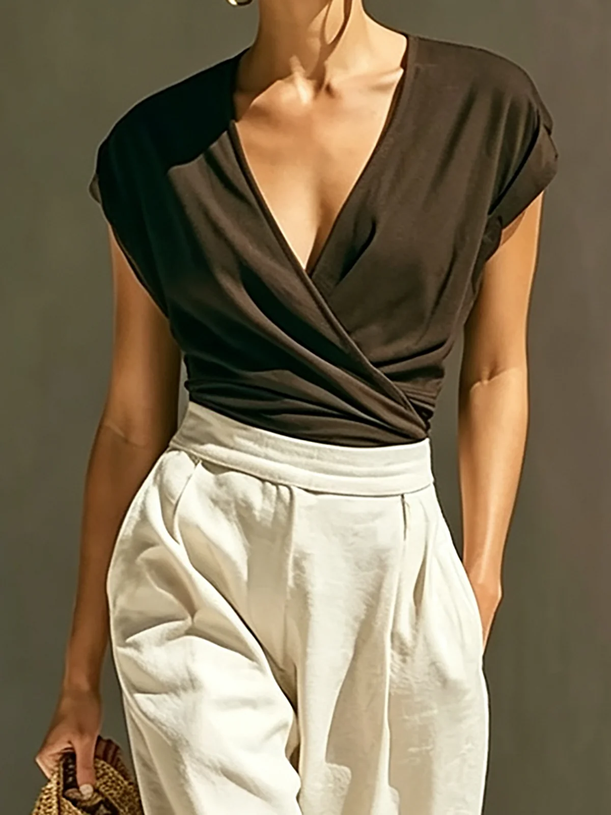 Dark Brown Wrap V-Neck Off-Shoulder Wide Leg Pant Co-ord Set - Image 3