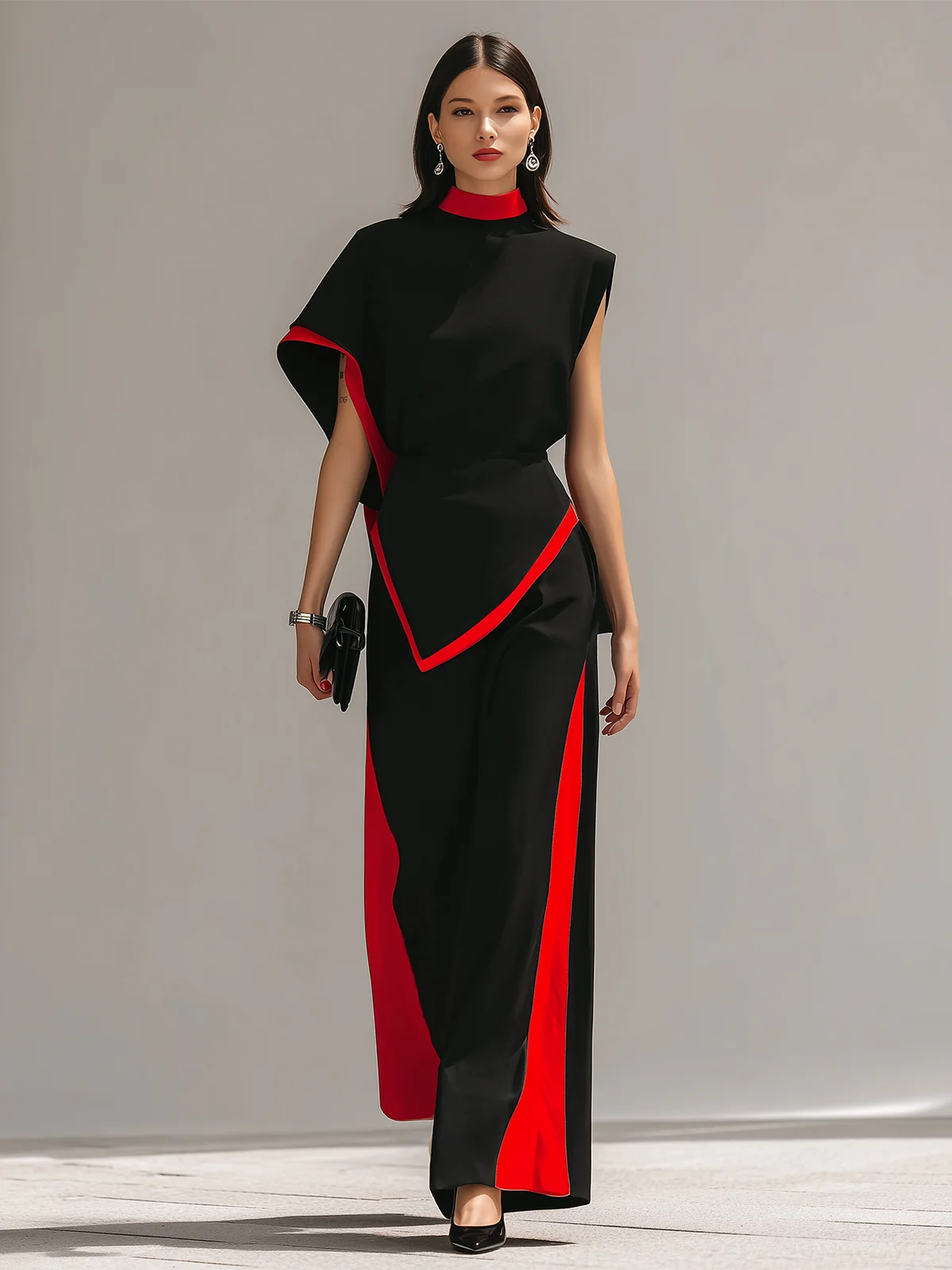 Elegant Black Red Color Block Two Piece Pant Set - Image 2
