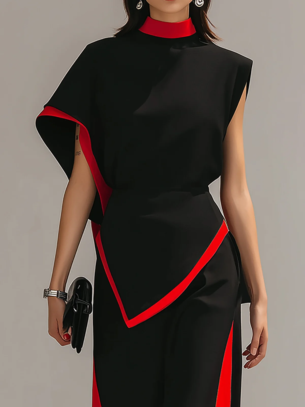 Elegant Black Red Color Block Two Piece Pant Set - Image 3