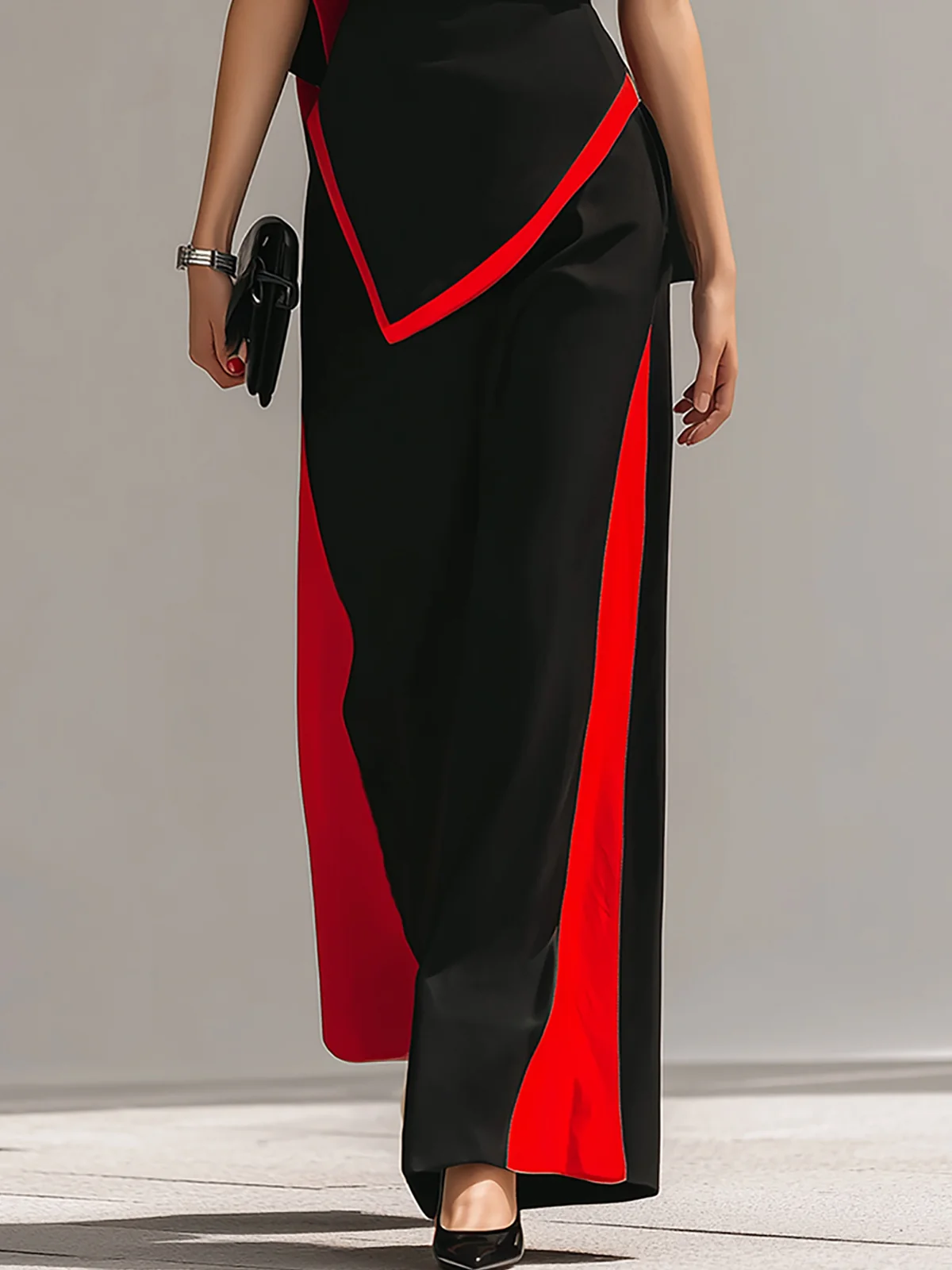 Elegant Black Red Color Block Two Piece Pant Set - Image 4