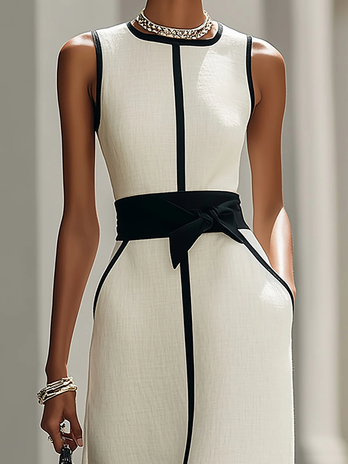 Elegant Black White Contrast Linen Blend Sleeveless Maxi Dress - Image 4