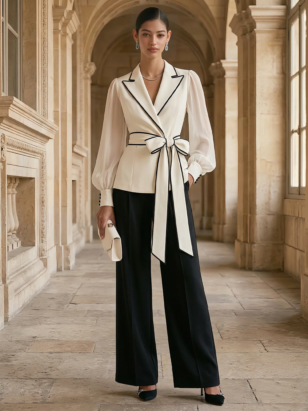 Elegant Black White Trim Belted Office Two Piece Suit - Image 2