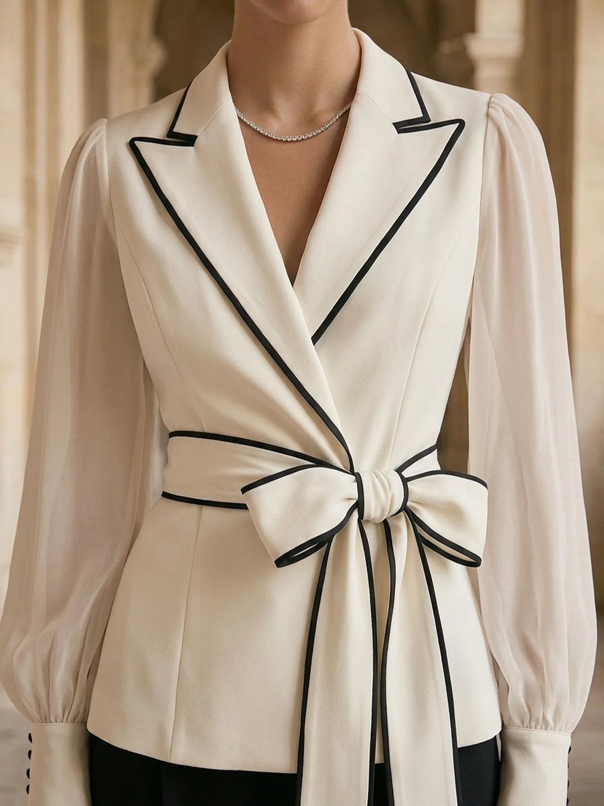 Elegant Black White Trim Belted Office Two Piece Suit - Image 3