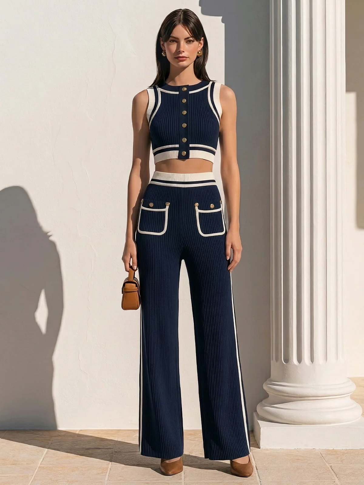 Elegant Nautical Contrast Trim Knit Two Piece Outfit - Image 2