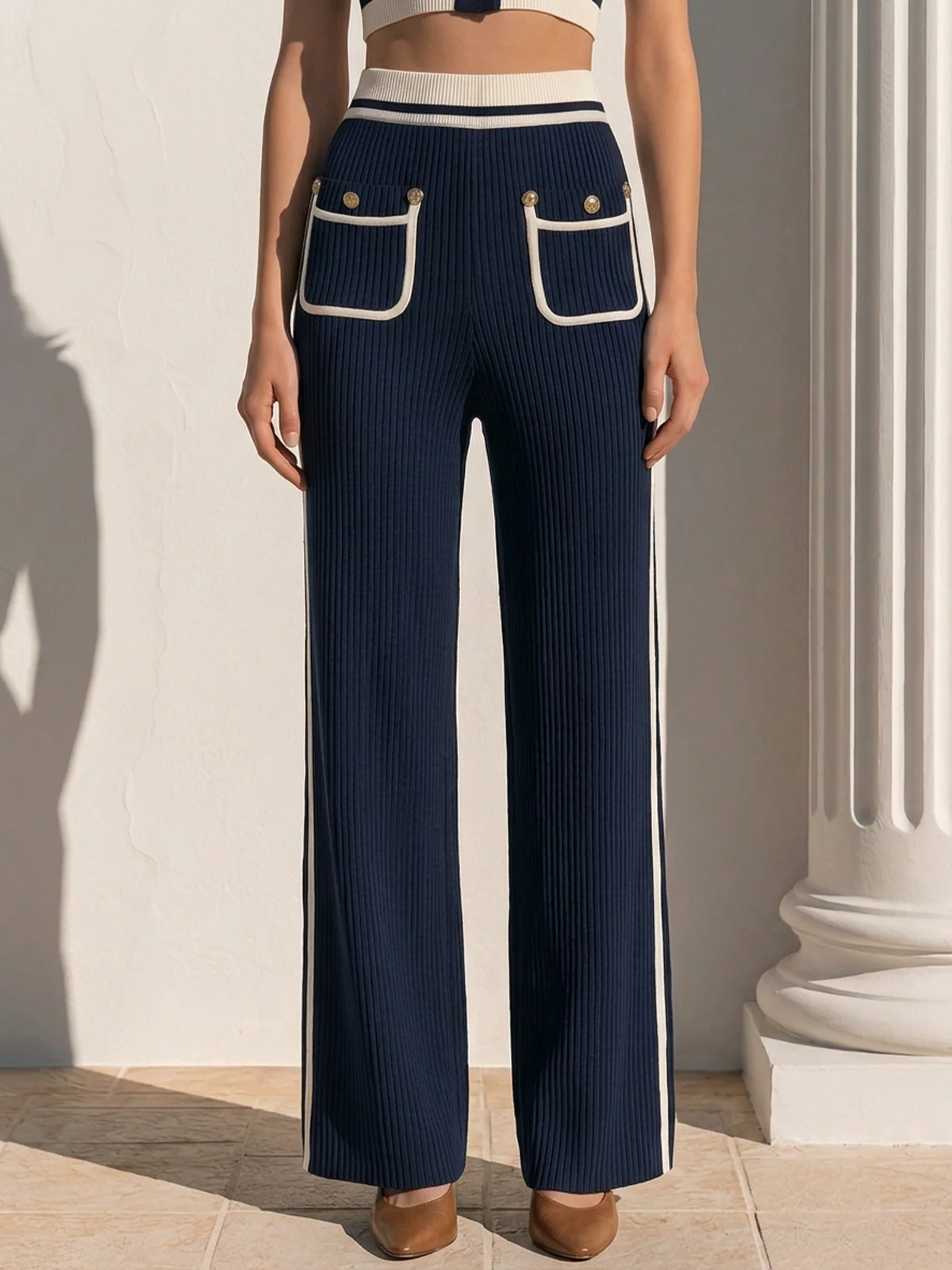 Elegant Nautical Contrast Trim Knit Two Piece Outfit - Image 4