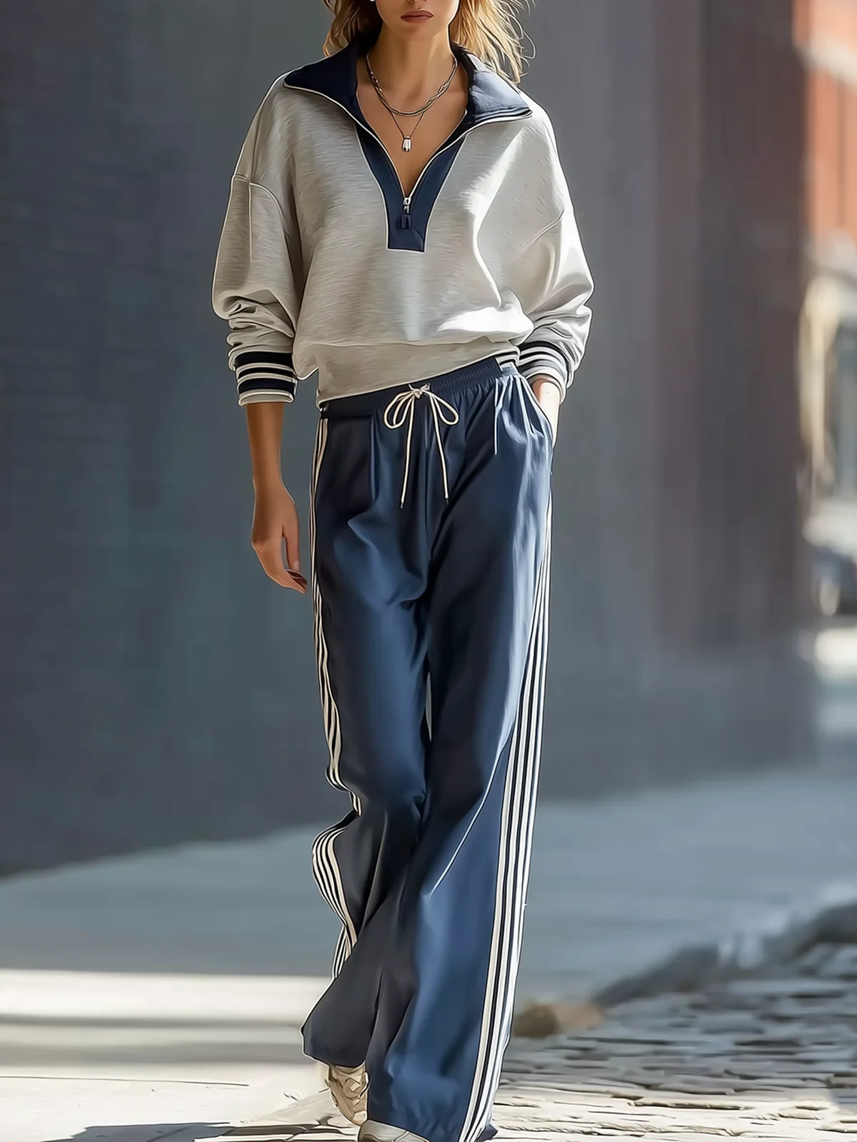 Half Zip Sweat Striped Wide Leg Pant Set