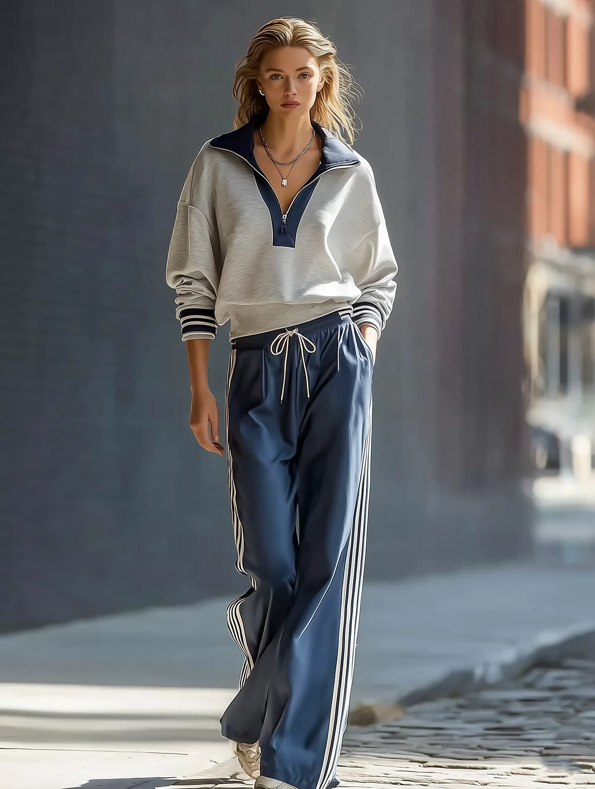 Half Zip Sweat Striped Wide Leg Pant Set - Image 2