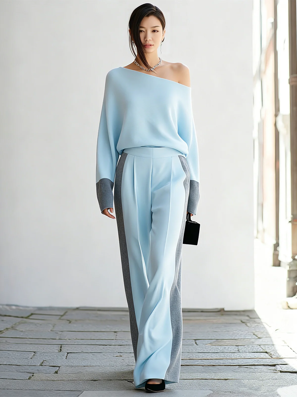 Light Blue Grey Contrast Trouser Suit - Image 2