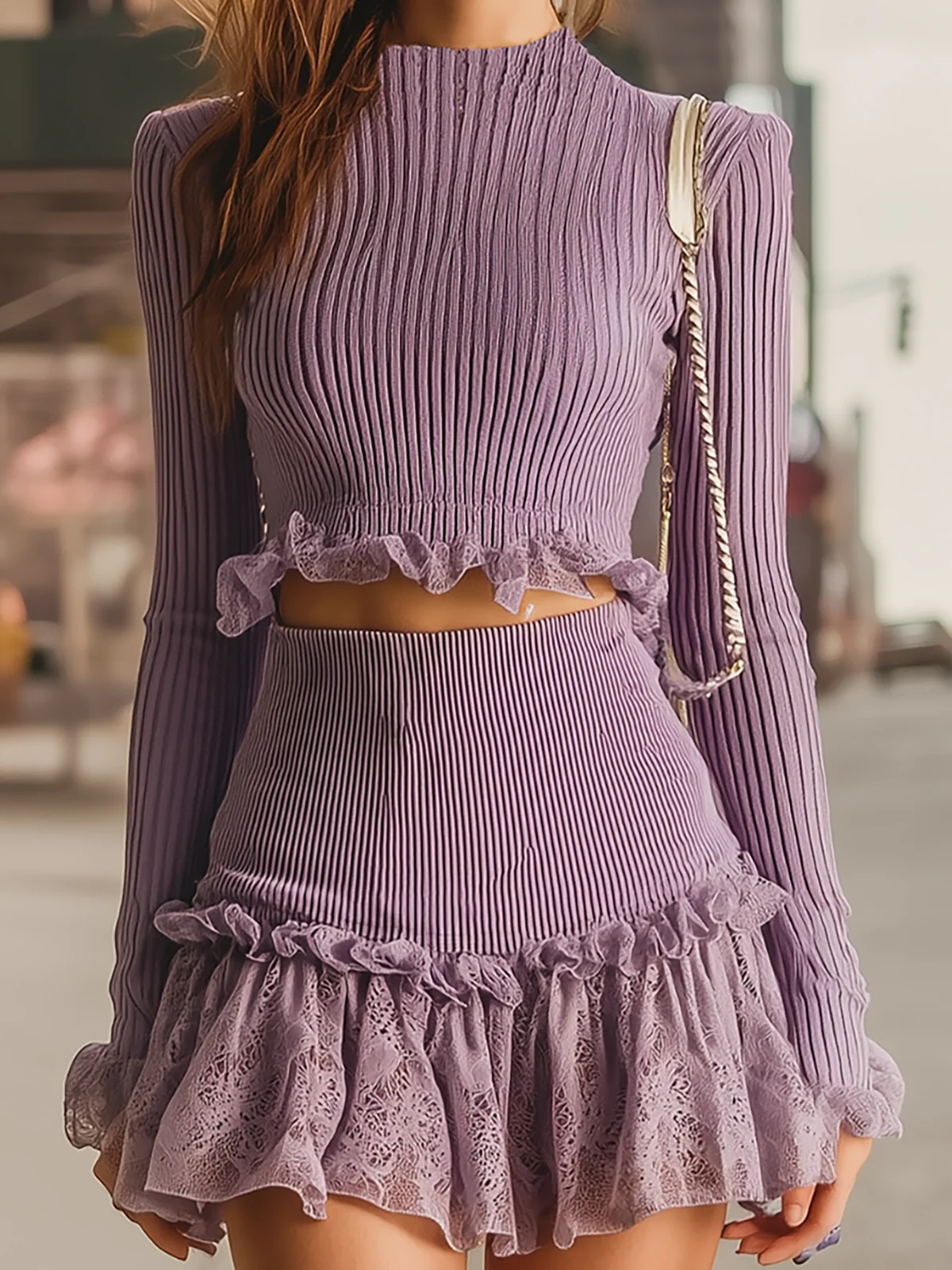 Lilac Knit Two-Piece With Lace Ruffle Details - Image 4