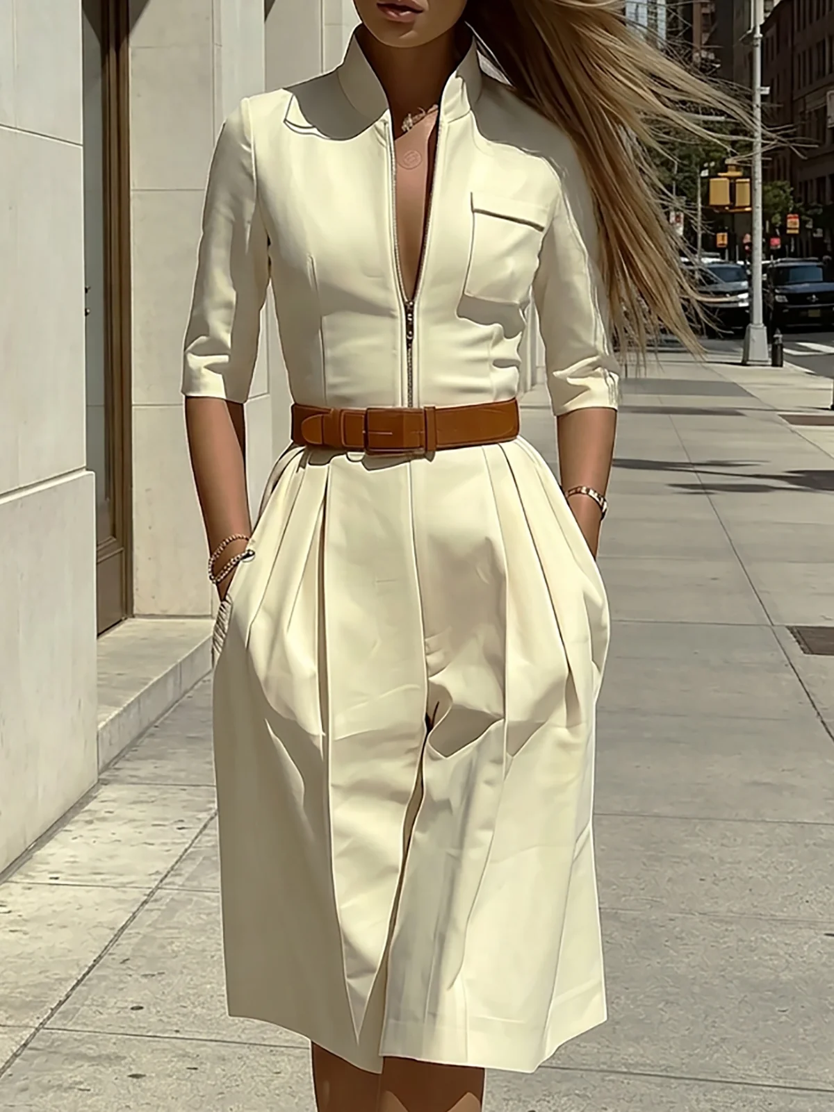 Mandarin Neck Pocket Detail Office Wear Jumpsuit - Image 3